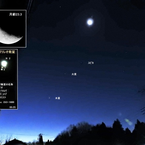 夜明け前の月・火星・木星・スピカ