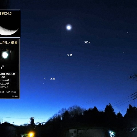 夜明け前の月・火星・木星・スピカ