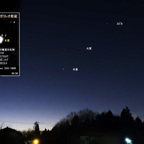 夜明け前の火星・木星・スピカ