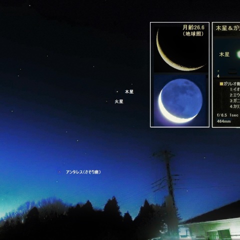 細い月と火星・木星・アンタレス