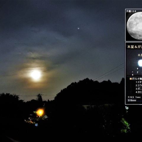 薄曇りの中の月と木星