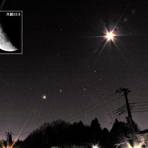 明け方の月・金星・木星・アンタレス