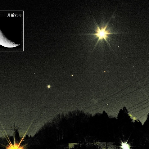 明け方の月・金星・木星・アンタレス
