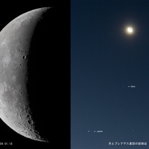 月齢 23.8の月とプレアデス星団の超接近。