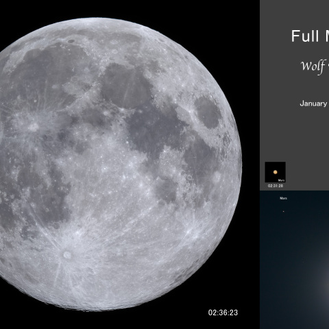 満月（月齢 13.8 ）月とポルックス＆火星の接近 1/14未明