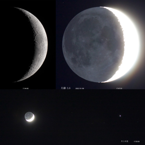 月齢 3.6（地球照）＋ 月と木星