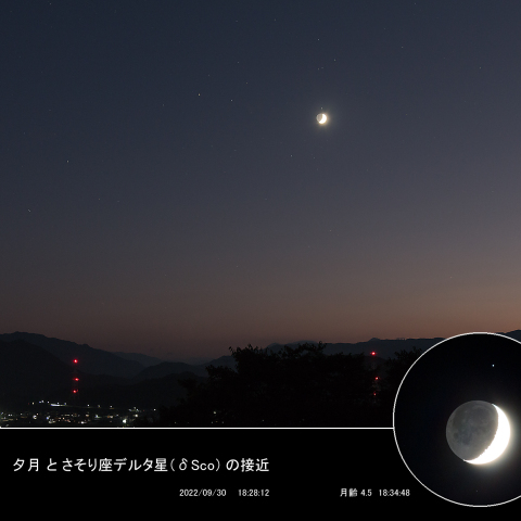 夕月 と さそり座デルタ星 (δ Sco)の接近