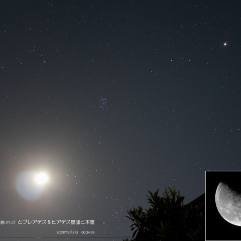 下弦の月（月齢 21.3）とプレアデス＆ヒアデス星団と木星