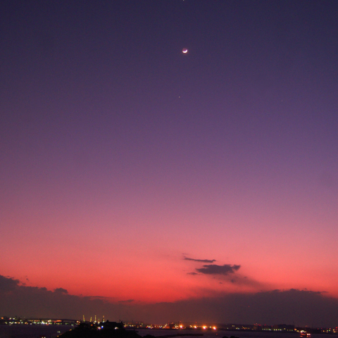 夕陽に輝く金星・三日月・木星