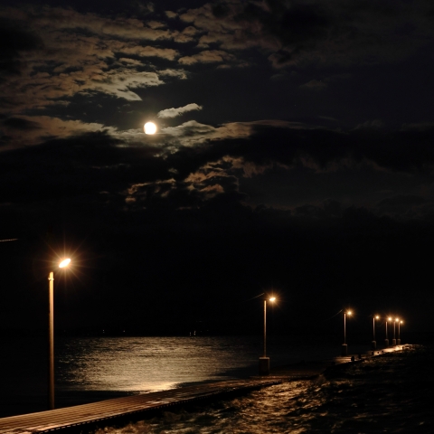 原岡桟橋に沈む部分月食