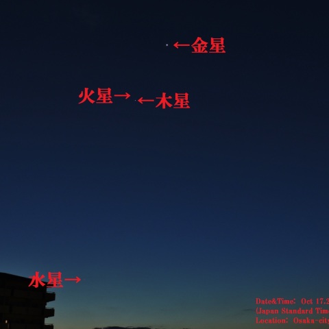 夜明けの空に並ぶ四惑星