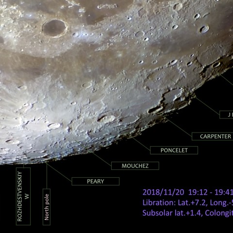 北極付近、秤動域のクレーター