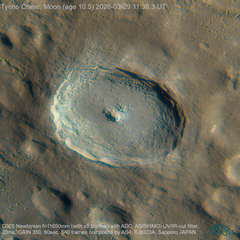 2026-03-29 UT 月面(10.5) ティコクレーター(彩度強調)