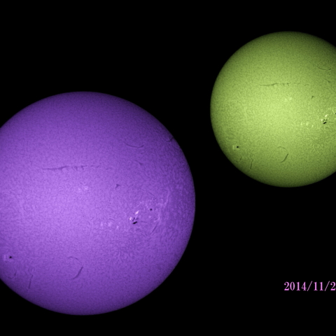 太陽 2014/11/22(2/6) Hα BとG　戻ってきた活動領域