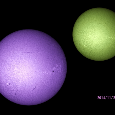 太陽 2014/11/23 (2/6) Hα BとG　戻ってきた活動領域