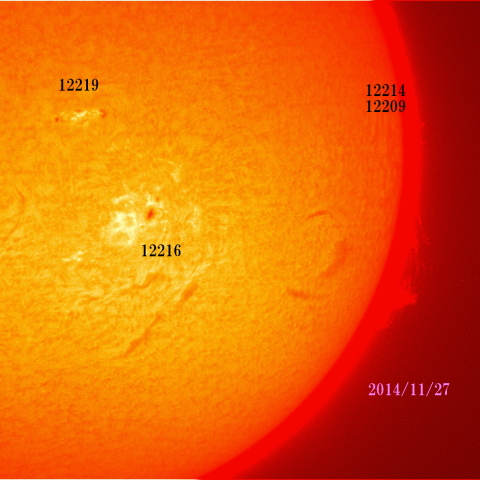 太陽 2014/11/27(3/3) Hα RGB-B　戻ってきた活動領域