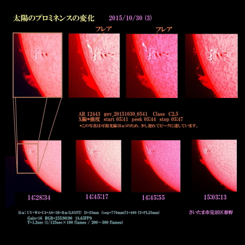 太陽のプロミネンスの変化　2015/10/30 (3) フレア