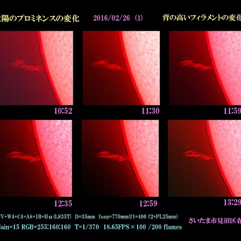 太陽のプロミネンスの変化　2016/02/26 (1) 背の高いフィラメントの変化