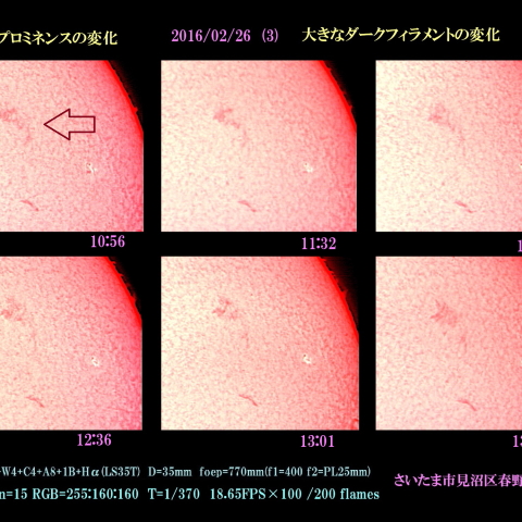 太陽のプロミネンスの変化　2016/02/16 (3) 大きなダークフィラメントの変化