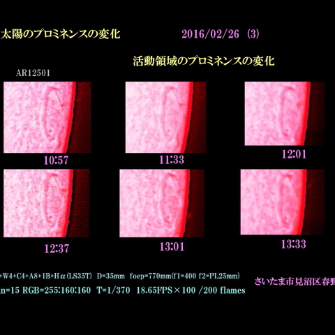 太陽のプロミネンスの変化　2016/02/26  (3) 活動領域のプロミネンスの変化
