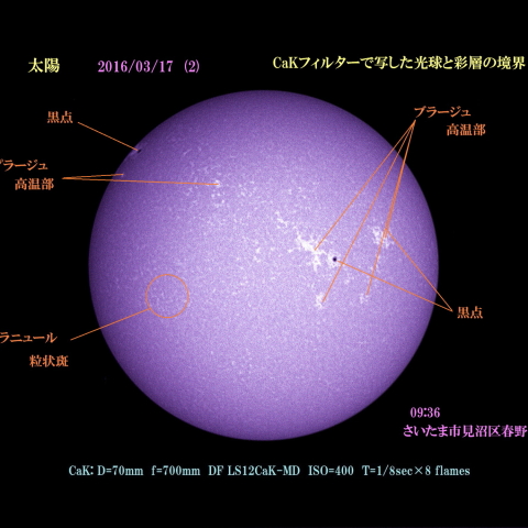 太陽　2016/03/17 (2) CaKフィルターで写した光球と彩層の境界