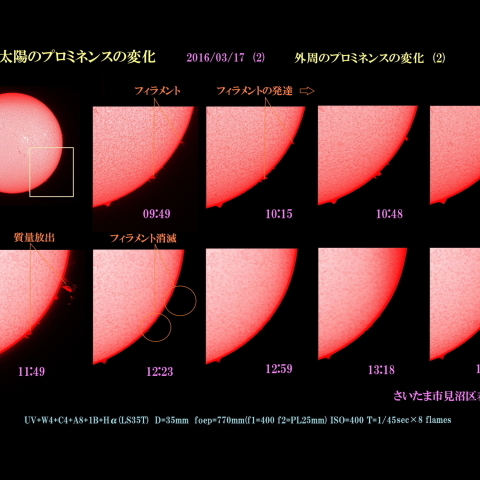 太陽のプロミネンスの変化　2016/03/17 (2) 外周のプロミネンスの変化 (2)