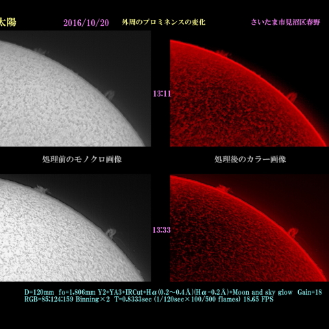 太陽　2016/10/20 外周のプロミネンスの変化