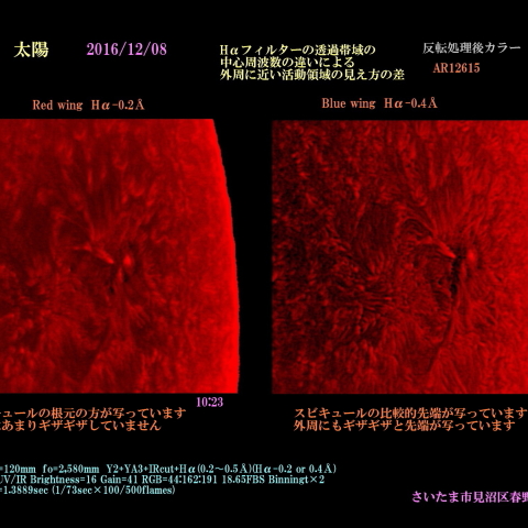 太陽　2016/12/08 Hαの帯域の違いによる活動領域の見え方の差　カラー