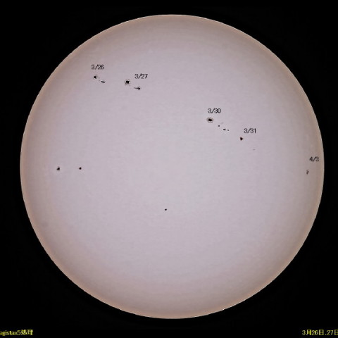 太陽黒点の移動と変化　3/26～4/3