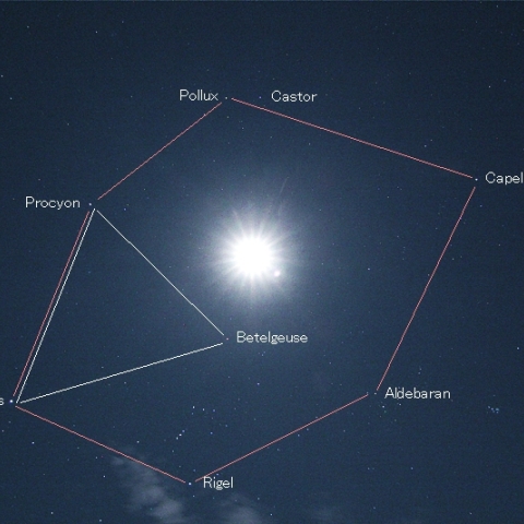 3/16の上弦の月と冬の大三角＆冬のダイヤモンド