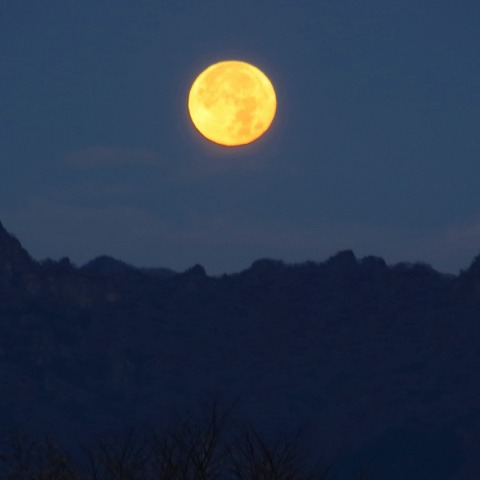 凍てつく朝、妙義に沈む満月