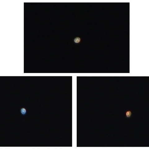 土星（上）・火星（右）・スピカ（左）　色の比較