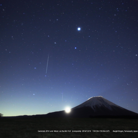 ふたご座流星群の流星と富士山から昇る月（4分間合成）