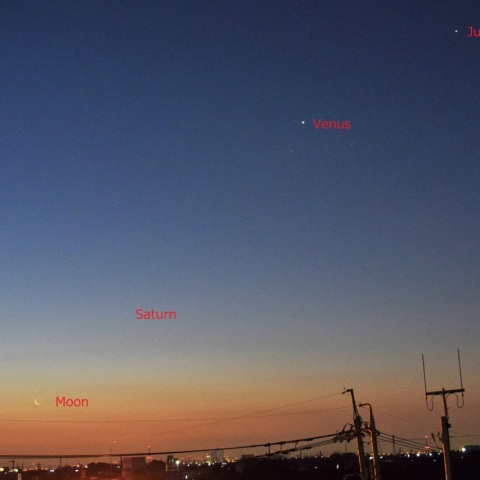 明け方の月と3つの惑星