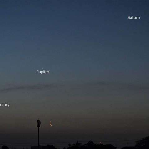 早朝の水星，木星，土星と月齢27.1の月