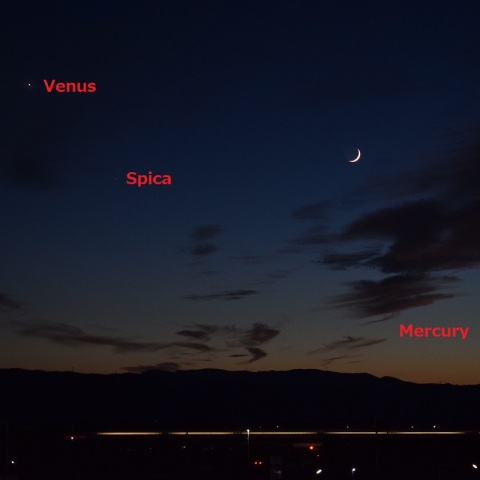月齢2.5の月と金星，スピカ，水星＋新幹線