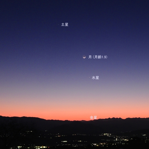西空での月と3惑星の接近 (2026/02/19)