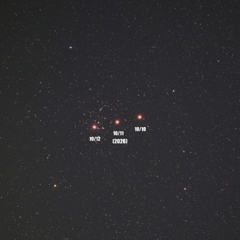 プレセペ星団(M44)と火星の接近 (2026/10/10~12)
