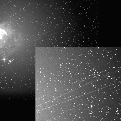 オリオン大星雲撮影中に横切っていった衛星たち