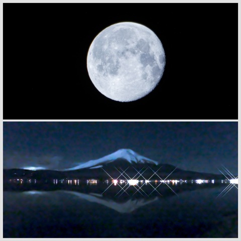 静かな湖面に月明かりの富士