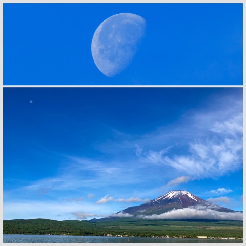 富士と(左上の空に)白いお月様