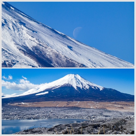 朝の富士に沈む月