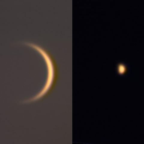 金星（視直径57″、内合6日前）と、水星（視直径7″）