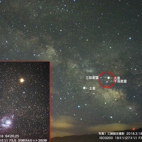 3月18日火星と干潟星雲、三裂星雲の接近
