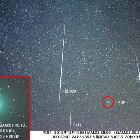 12月15日火球（ふたご座流星群）とウィルタネン彗星（46P）の競演