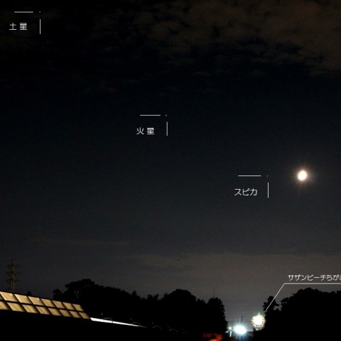 土星、火星、スピカ、月、そして花火の共演