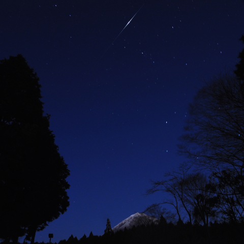 イリジウムフレアと木立と富士山と