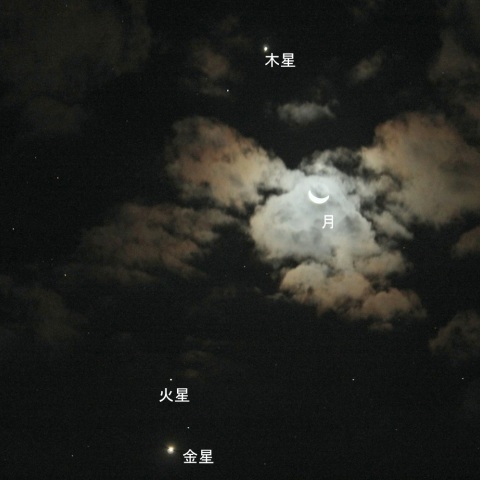 明け方の東空で、月と木星、金星・火星の大集合