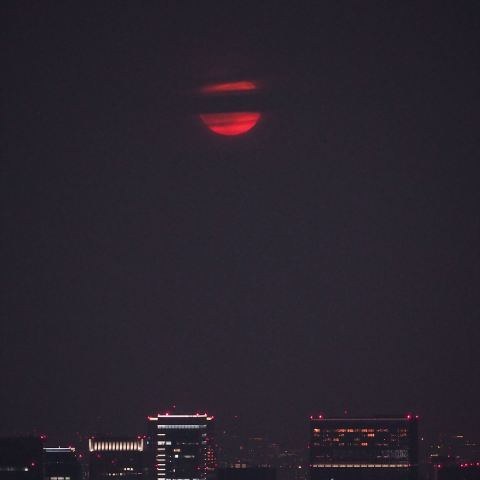 東京都庁からの満月は雲の中