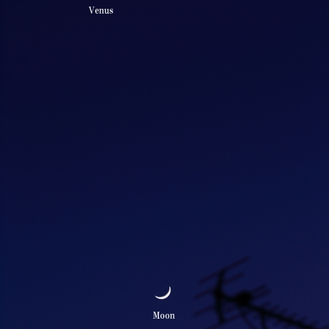 細い月と金星・土星とアンテナの見える星景